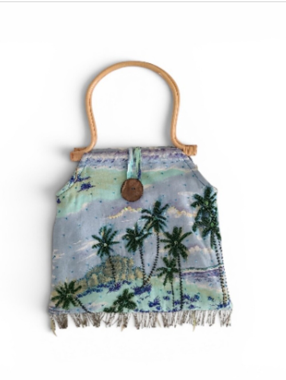 Vintage Hand-Embellished Tropical Tote Bag W/ Bamboo Handles